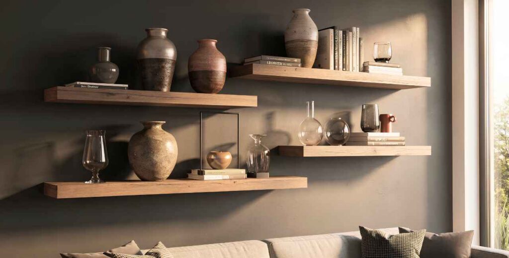 O detalhe das prateleiras que muda completamente a decoração da parede  prateleiras decorativas