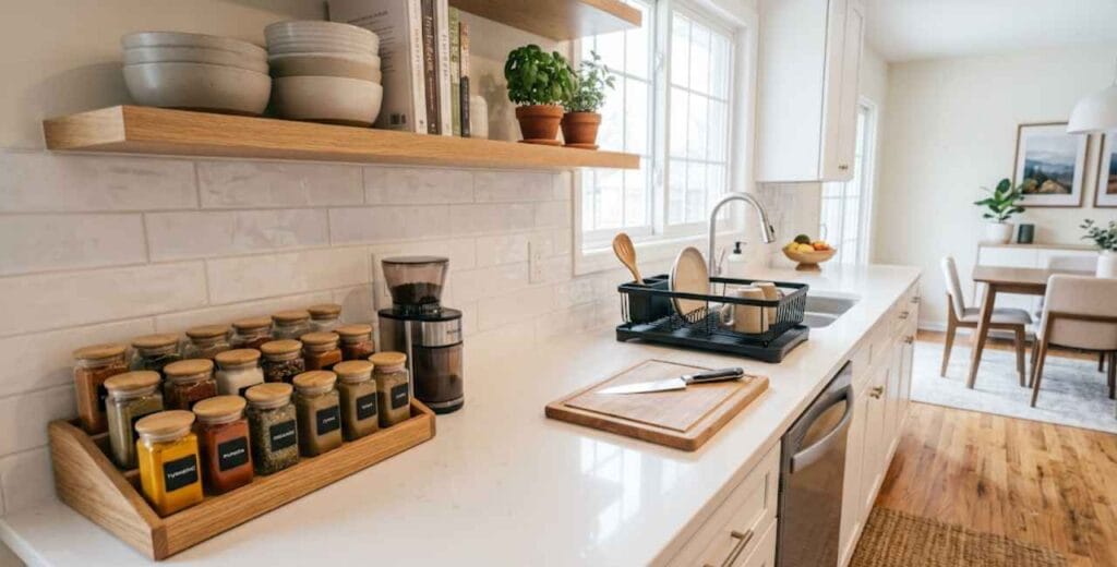 O detalhe da bancada que faz a cozinha parecer muito mais organizada organização da cozinha